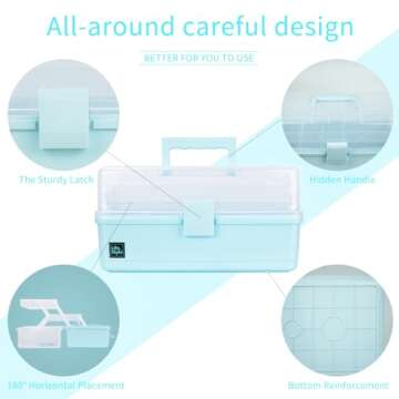 Creahaus 13 inch Art Craft Organizer Storage Box with 3 Layer, Multipurpose Plastic Tool Box with Handle for Sewing, Art Supply, Medicine, Nail, Hair Accessories (Blue)