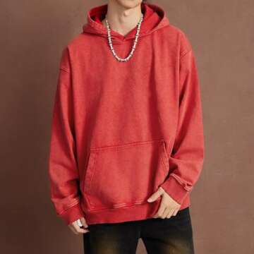 FAIABLE Mens Hoodies Pullover Oversized Hoodie Plush Fleece Hooded Sweatshirt Vintage Heavyweight Hoodie Cotton Big and Tall Hoodies for Men Couples Winter Autumn Workout College Streetwear Red