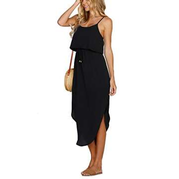 NERLEROLIAN Women's Adjustable Strappy Split Summer Beach Casual Midi Dress in Black