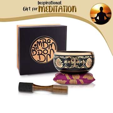 Bim-Bam-Bom Tibetan Singing Bowl – Hand Crafted Singing Bowls w/Mallet & Cushion, Meditation Bowl For Yoga and Holistic Healing, Stress Relief - Brass 4” Fire Flame Prayer Bowl