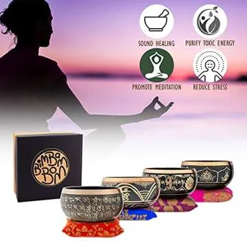 Bim-Bam-Bom Tibetan Singing Bowl – Hand Crafted Singing Bowls w/Mallet & Cushion, Meditation Bowl For Yoga and Holistic Healing, Stress Relief - Brass 4” Fire Flame Prayer Bowl