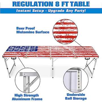 GoPong 8 Foot Portable Beer Pong / Tailgate Tables (Black, Football, American Flag, or Custom Dry Er...