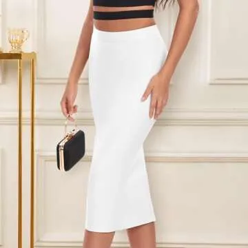 HLBandage Elastic High Waist Back Split Midi Bandage Skirt (L, White)