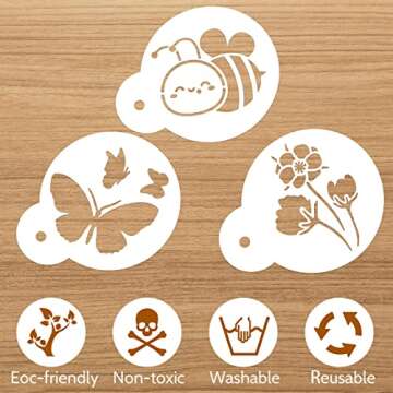 30 Pieces Coffee Stencil Cookie Cake Stencils Latte Art Reusable Plastic Stencils DIY Bake Stencils Leaves Butterfly Flowers Bird for Coffee Cookie Drawing