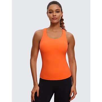 CRZ YOGA Butterluxe Workout Tank Tops for Women Built in Shelf Bras Padded - Racerback Athletic Spandex Yoga Camisole Neon Orange Small