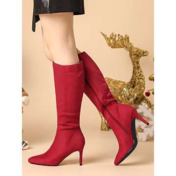 Allegra K Women's Pointed Toe Stiletto Heels Red Knee High Boots 9.5 M US
