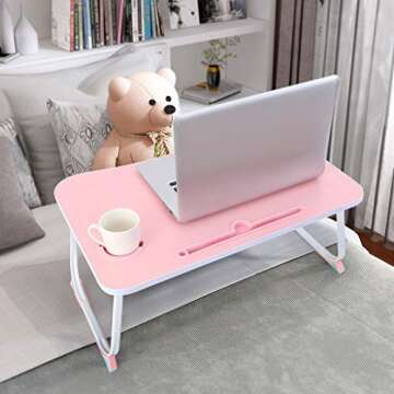 Abvenc Foldable Laptop Table Lapdesk, Large Bed Tray Multifunction Laptop Desk with Storage Drawer, Portable Mini Picnic Desk,Notebook Stand Read Holder for Sofa Couch Floor (Pink B)