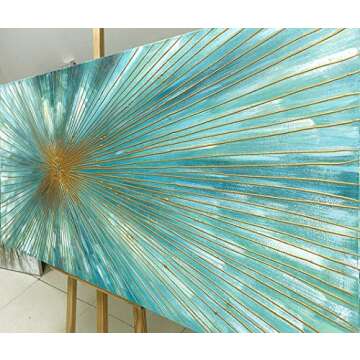 AMEI Art Paintings,24x60Inch Simple Hand-Painted Turquoise Blue Golden Liens Ray Canvas Oil Wall Art Modern Style Artwork Abstract Oil Paintings for Living Room Office Decoration Framed Ready to Hang