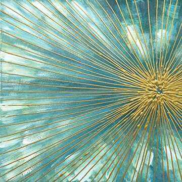AMEI Art Paintings,24x60Inch Simple Hand-Painted Turquoise Blue Golden Liens Ray Canvas Oil Wall Art Modern Style Artwork Abstract Oil Paintings for Living Room Office Decoration Framed Ready to Hang