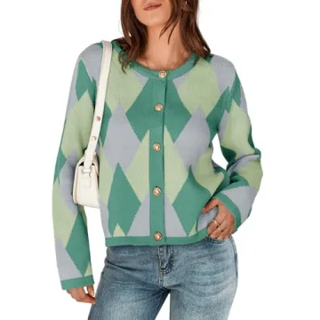 Saodimallsu Womens Color Block Cardigan Button Down Crewneck 2024 Fall Trendy Open Front Long Sleeve Sweater Jacket Green