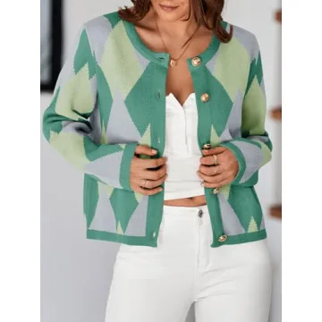 Saodimallsu Womens Color Block Cardigan Button Down Crewneck 2024 Fall Trendy Open Front Long Sleeve Sweater Jacket Green