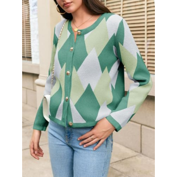 Saodimallsu Womens Color Block Cardigan Button Down Crewneck 2024 Fall Trendy Open Front Long Sleeve Sweater Jacket Green