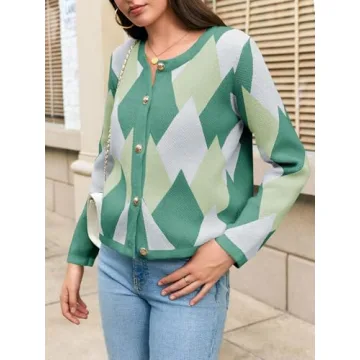 Saodimallsu Womens Color Block Cardigan Button Down Crewneck 2024 Fall Trendy Open Front Long Sleeve Sweater Jacket Green