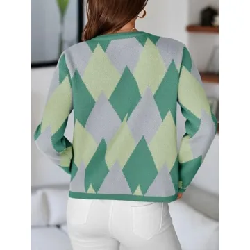 Saodimallsu Womens Color Block Cardigan Button Down Crewneck 2024 Fall Trendy Open Front Long Sleeve Sweater Jacket Green