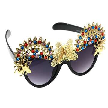 Colygamala Women's Cat Eye Flower Sunglasses Gems Sun Beach Crystal Sun Glasses With Case