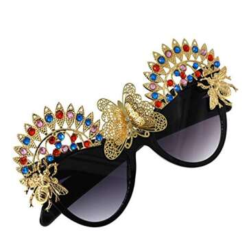 Colygamala Women's Cat Eye Flower Sunglasses Gems Sun Beach Crystal Sun Glasses With Case