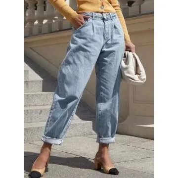 EVALESS High Waist Baggy Jeans for Women Trendy 2024 Stretch Boyfriend Barrel Denim Pants Sky Blue 4