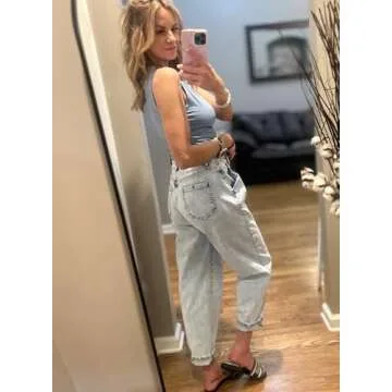 EVALESS High Waist Baggy Jeans for Women Trendy 2024 Stretch Boyfriend Barrel Denim Pants Sky Blue 4