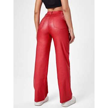 MakeMeChic Women's High Waist Pockets Straight Leg Jeans Leather Look Pants Red S