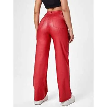 MakeMeChic Women's High Waist Pockets Straight Leg Jeans Leather Look Pants Red S