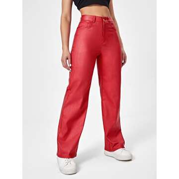 MakeMeChic Women's High Waist Pockets Straight Leg Jeans Leather Look Pants Red S