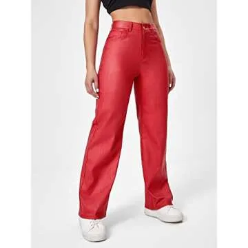 MakeMeChic Women's High Waist Pockets Straight Leg Jeans Leather Look Pants Red S