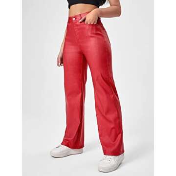 MakeMeChic Women's High Waist Pockets Straight Leg Jeans Leather Look Pants Red S