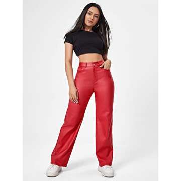 MakeMeChic Women's High Waist Pockets Straight Leg Jeans Leather Look Pants Red S