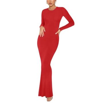 REORIA Women's Sexy Casual Crew Neck Lounge Slimming Long Dress Elegant Wedding Guest Long Sleeve Ri...