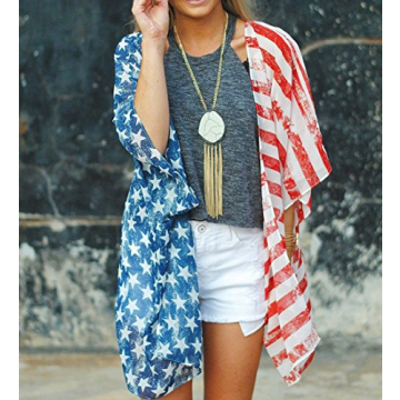 Askwind 4th of July Women's American Flag Print Kimono Cover Up Tops Shirt (A1)