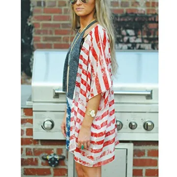 Askwind 4th of July Women's American Flag Print Kimono Cover Up Tops Shirt (A1)