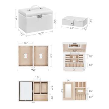 SONGMICS Jewelry Box 3 Layers, Jewelry Organizer with 2 Drawers, Jewelry Case with Portable Travel Case, with Handle, Lockable, Jewelry Storage, Gift for Loved ones, White UJBC121W
