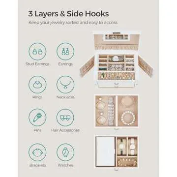SONGMICS Jewelry Box 3 Layers, Jewelry Organizer with 2 Drawers, Jewelry Case with Portable Travel Case, with Handle, Lockable, Jewelry Storage, Gift for Loved ones, White UJBC121W