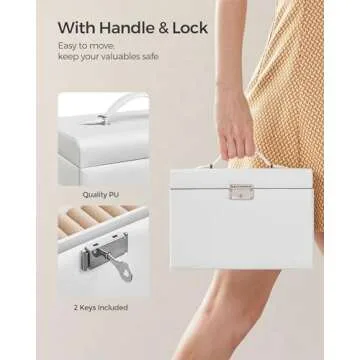 SONGMICS Jewelry Box 3 Layers, Jewelry Organizer with 2 Drawers, Jewelry Case with Portable Travel Case, with Handle, Lockable, Jewelry Storage, Gift for Loved ones, White UJBC121W