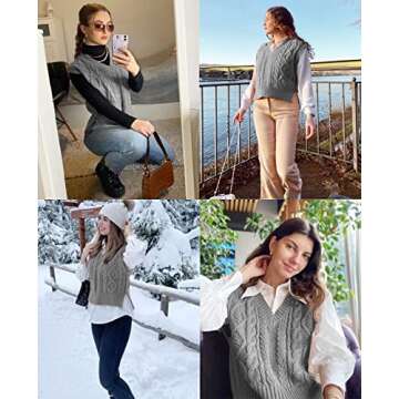 Women Sweater Vest V Neck Sleeveless Knit Solid Casual Ribbed Preppy Pullover Tops Grey