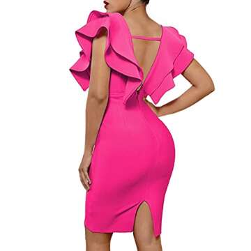 UONBOX Women's Ruffle Short Sleeve Plunge V Neck Bodycon Dress Back Split Bandage Party Club Dress R...