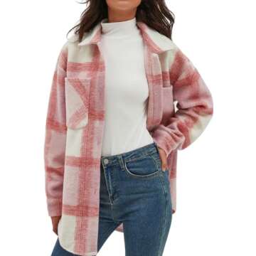 CHYRII Women's Casual Brushed Flannel Plaid Shacket Button Down Long Sleeve Shirt Jacket Coats with Pockets 7120-Pink M