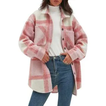CHYRII Women's Casual Brushed Flannel Plaid Shacket Button Down Long Sleeve Shirt Jacket Coats with Pockets 7120-Pink M
