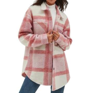 CHYRII Women's Casual Brushed Flannel Plaid Shacket Button Down Long Sleeve Shirt Jacket Coats with Pockets 7120-Pink M