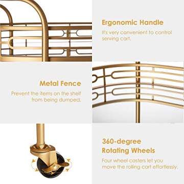 Glitzhome 30.75" H Oval Gold Bar Cart with 4 Wheels 2-Tier Deluxe Tray Metal Mirrored Glass Top Rolling Serving Cart for Kitchen Living Room Hotel Wine/Tea Serving Cart