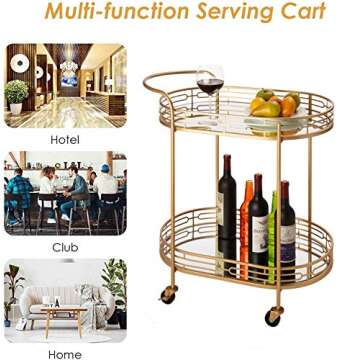 Glitzhome 30.75" H Oval Gold Bar Cart with 4 Wheels 2-Tier Deluxe Tray Metal Mirrored Glass Top Rolling Serving Cart for Kitchen Living Room Hotel Wine/Tea Serving Cart