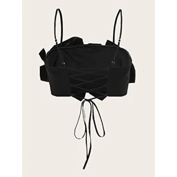 Floerns Lace Up Cami Crop Top with Floral Appliques