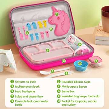 Unicorn Lunch Box for Girls with Lunch Bag Bento Box Set - Insulated Lunch Bag with 4 Compartment Bento Box Water Bottle Ice Pack Silicon Cap Salad Container for Kids Back to School Ideal for Age 6-15