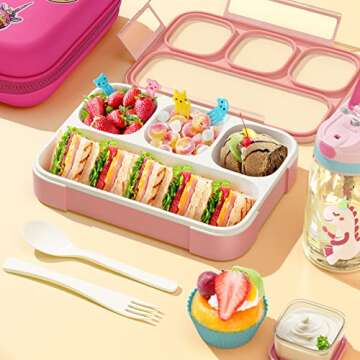 Unicorn Lunch Box for Girls with Lunch Bag Bento Box Set - Insulated Lunch Bag with 4 Compartment Bento Box Water Bottle Ice Pack Silicon Cap Salad Container for Kids Back to School Ideal for Age 6-15