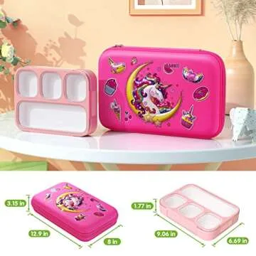 Unicorn Lunch Box for Girls with Lunch Bag Bento Box Set - Insulated Lunch Bag with 4 Compartment Bento Box Water Bottle Ice Pack Silicon Cap Salad Container for Kids Back to School Ideal for Age 6-15