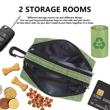 SEVVIS Dog Poop Bag Holder Leash Attachment - Poop Bag Dispenser for Leash - Dog Bag Holder for Leash with 2 Zipper, Pet Waste Bag Dispenser Fabric, Dog Bag Dispenser for Dogs, 1 Free Roll, Green