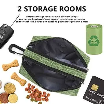 SEVVIS Dog Poop Bag Holder Leash Attachment - Poop Bag Dispenser for Leash - Dog Bag Holder for Leash with 2 Zipper, Pet Waste Bag Dispenser Fabric, Dog Bag Dispenser for Dogs, 1 Free Roll, Green