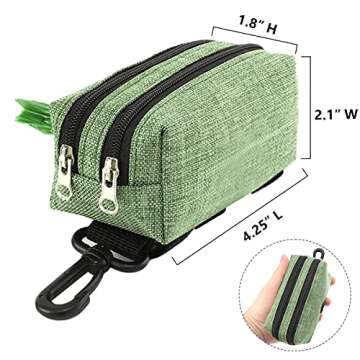 SEVVIS Dog Poop Bag Holder Leash Attachment - Poop Bag Dispenser for Leash - Dog Bag Holder for Leash with 2 Zipper, Pet Waste Bag Dispenser Fabric, Dog Bag Dispenser for Dogs, 1 Free Roll, Green