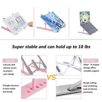 JERX Pink Laptop Stand for Desk, 8 Angles Foldable Laptop Riser, Portable Computer Stand Easy to Carry, Compatible with MacBook Air Pro, HP, Lenovo, Dell & All 10 to 15.6 Inches Laptops