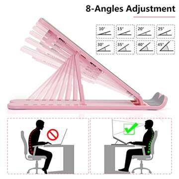 JERX Pink Laptop Stand for Desk, 8 Angles Foldable Laptop Riser, Portable Computer Stand Easy to Carry, Compatible with MacBook Air Pro, HP, Lenovo, Dell & All 10 to 15.6 Inches Laptops